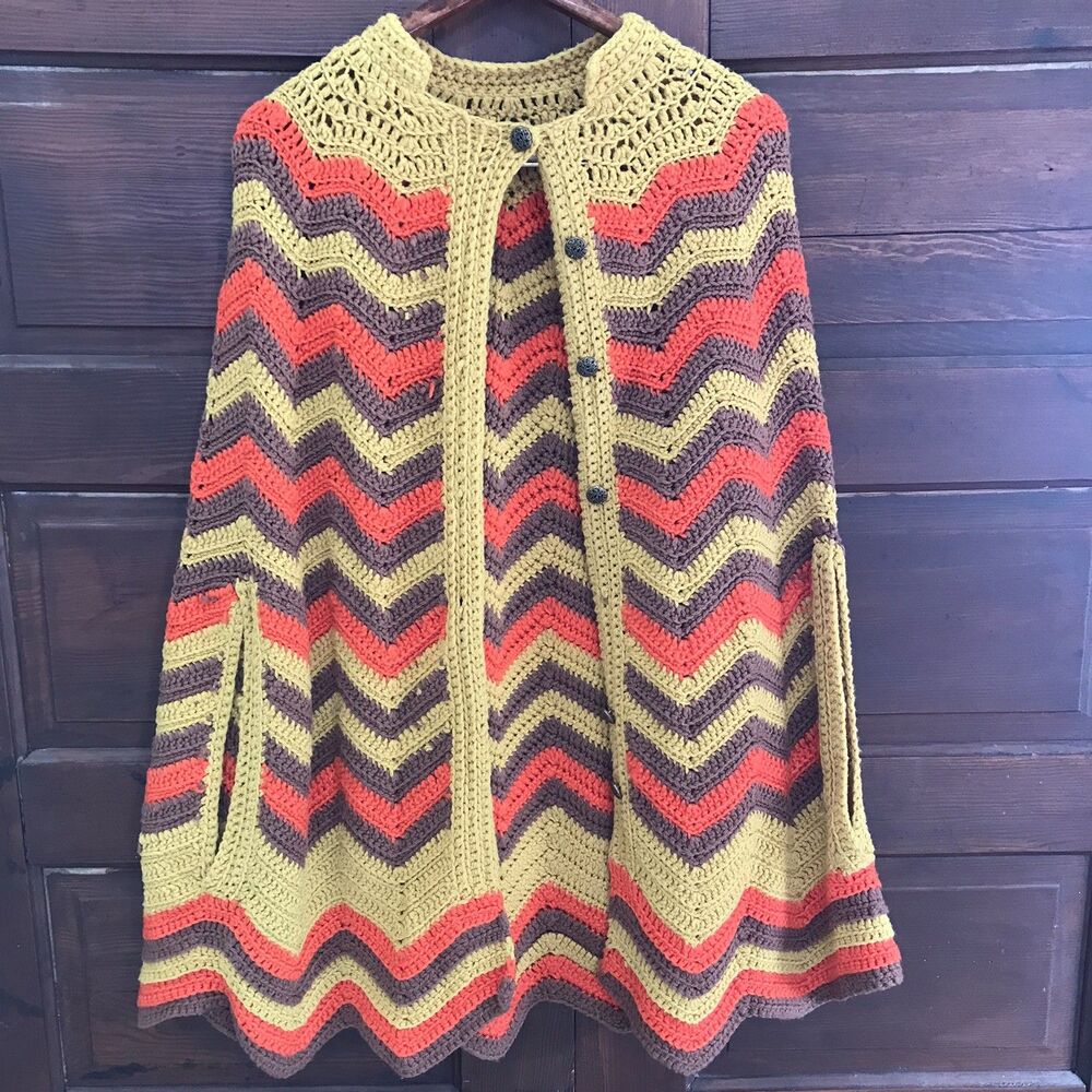 Vintage Boho Handmade Crochet Zig Zag Poncho Cape Grandma Cottage Core 60’s 70’s